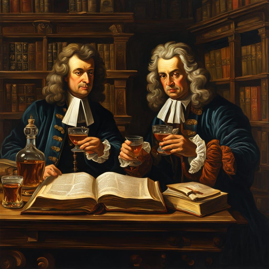 Newton and Peter the Great in Library, Oil Painting