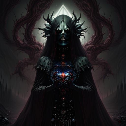 Surreal Digital Painting of a Sad Woman with Haunted Hearts