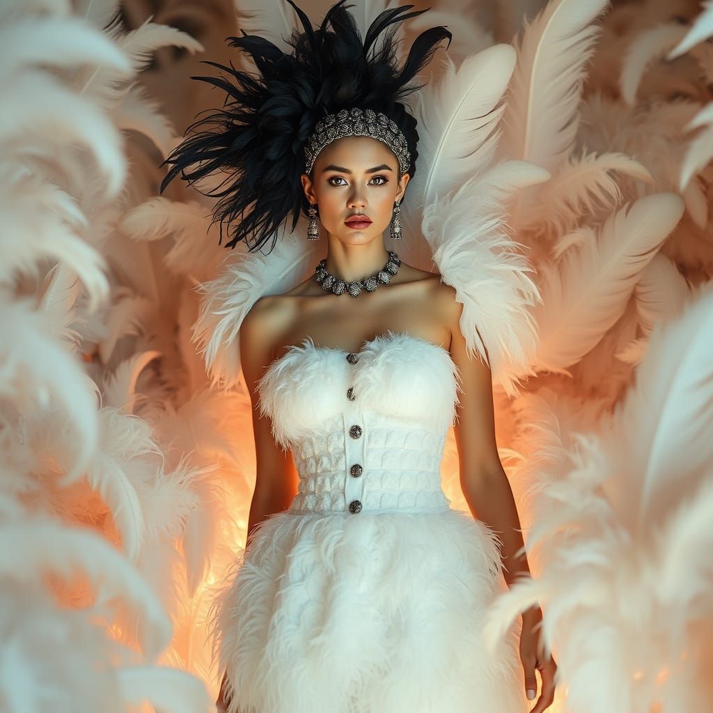 Feathered Couture in Surreal Gravityless Landscape