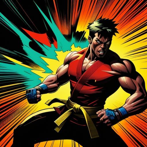 Dynamic Karate Kick in Comic Book Style
