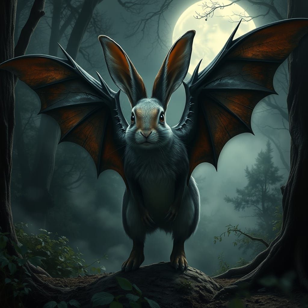 Majestic Chimera of Rabbit and Bat in Dark Fantasy Landscape