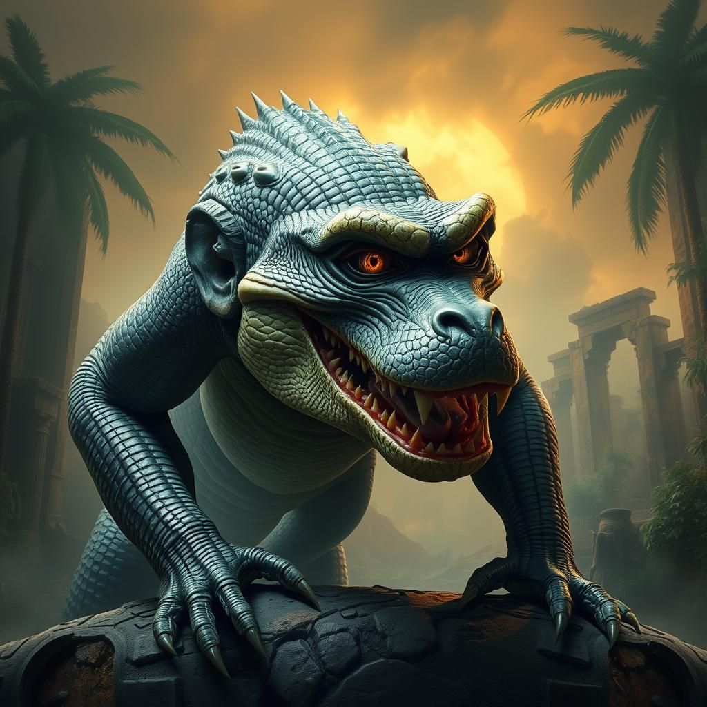 Hyperrealistic Monkey-Crocodile Hybrid in Tropical Ruins