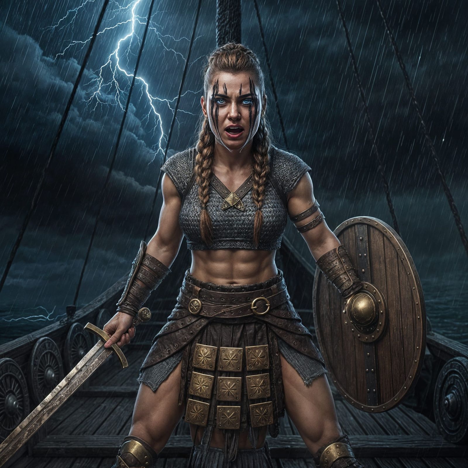 Fierce Viking Warrior Woman in Stormy Seas