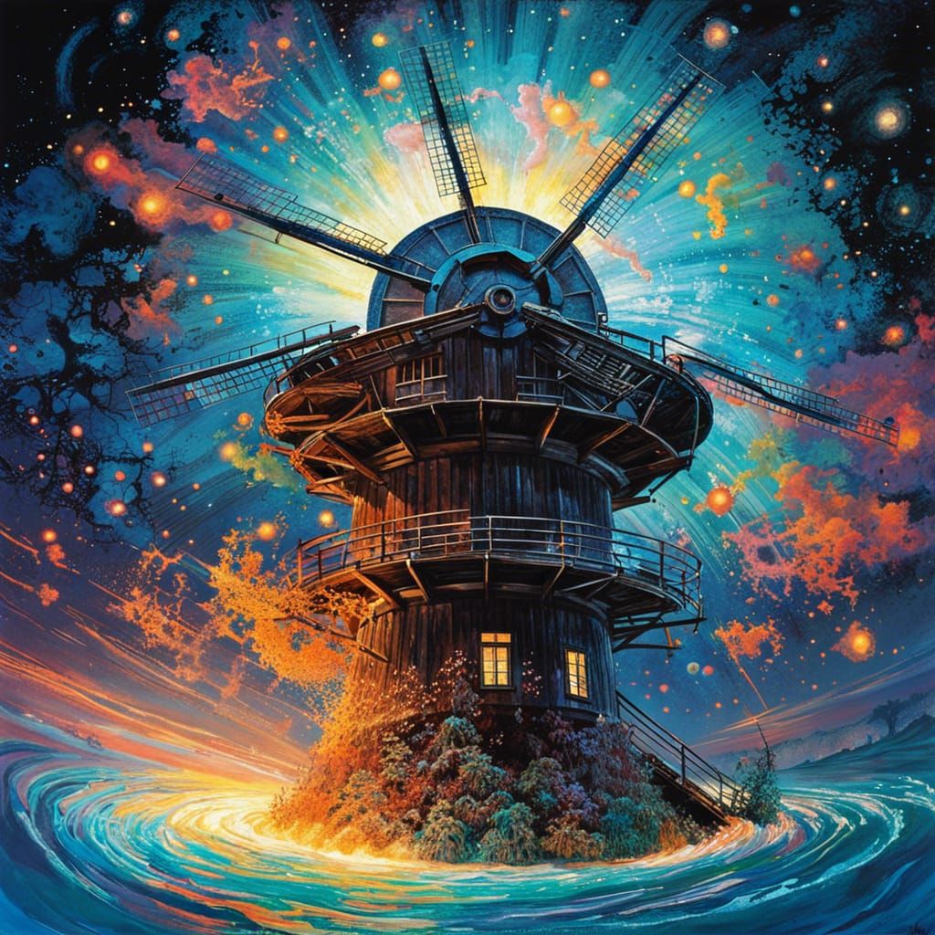 Whimsical Astral Island Windmill in Bioluminescent Whirlpool