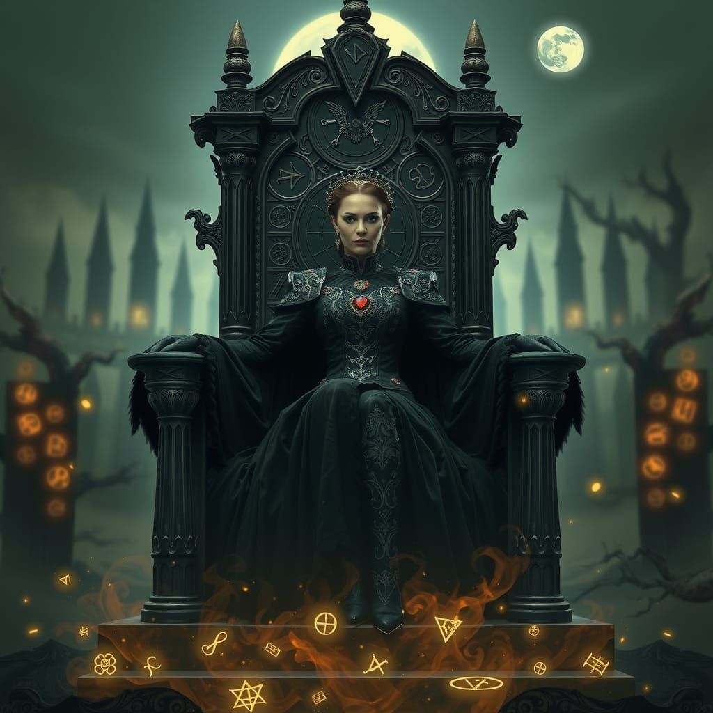 Dark Enchantress on Gothic Throne in Beksiński Style
