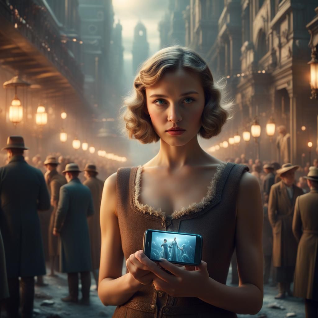 Girl with Smartphone Stuns 1930s Crowd