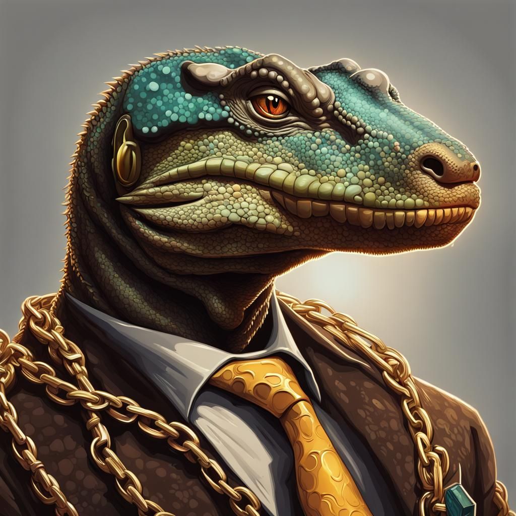 Gangster Komodo Dragon with Gold Chains in Splash Art