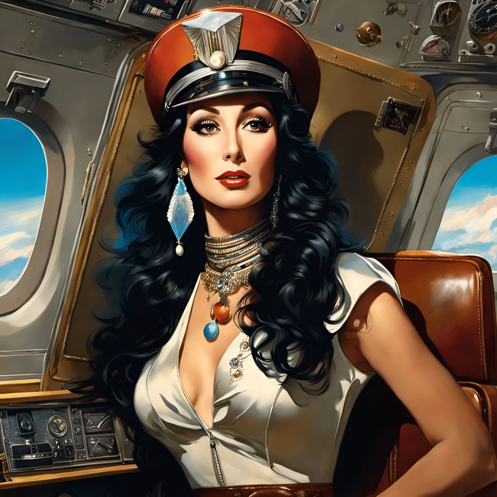 Vintage Portrait of a Glamorous Woman on Airplane