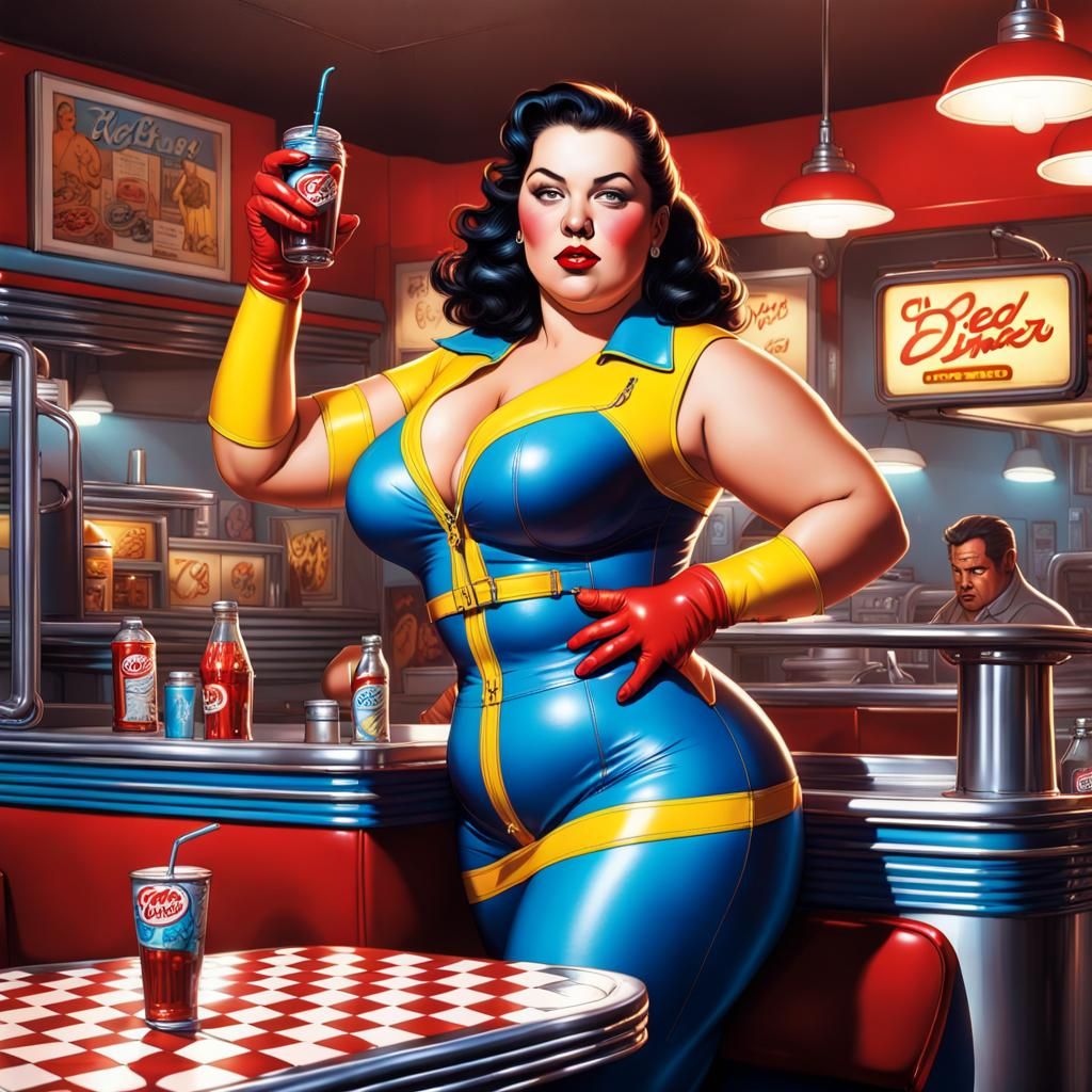 1950s Diner with Woman in Leather Outfit, Photorealistic
