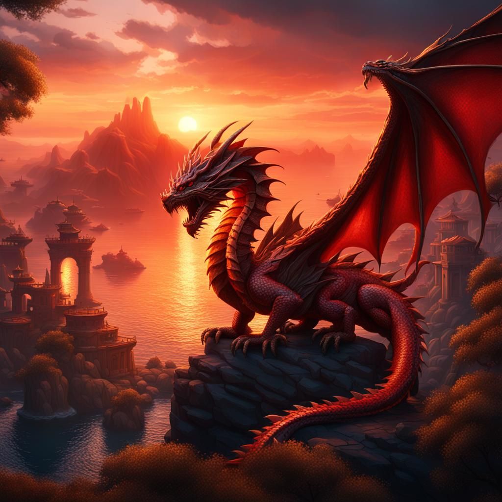 Red Fire Dragon Sunset: Fantasy Concept Art