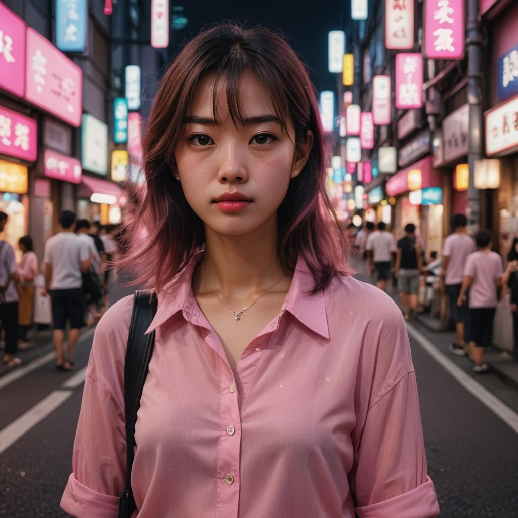 Girl on Tokyo Street at Night: Realistic Photograph