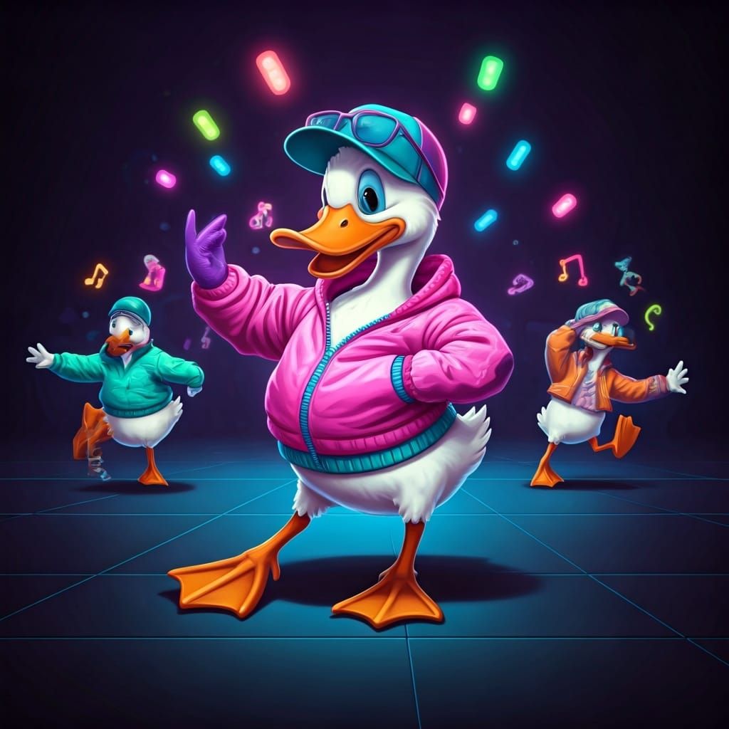 Ducks Dancing in 80s-Inspired Neon Pop Art