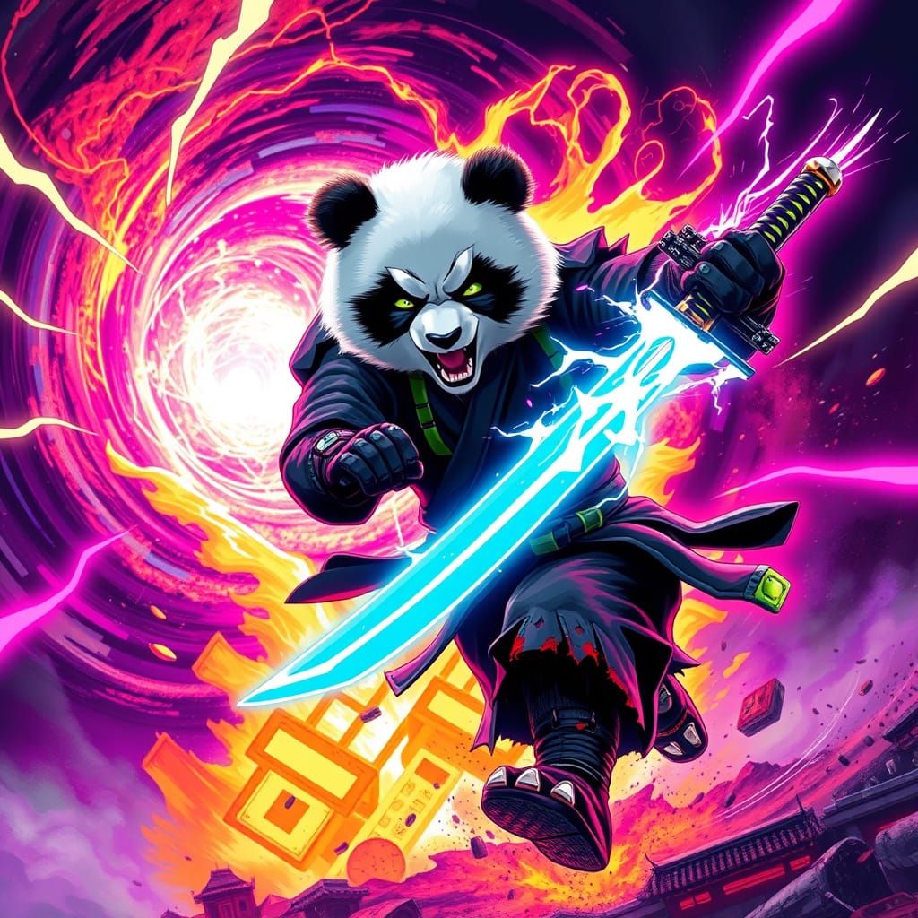 Cyberpunk Samurai Panda Warrior in Epic Battle