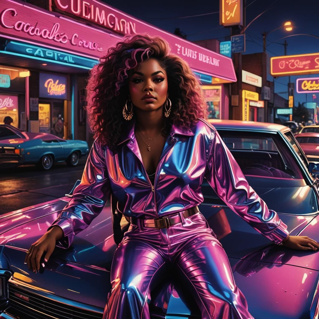 Hyper-Realistic 70s Funk Goddess on a Cadillac