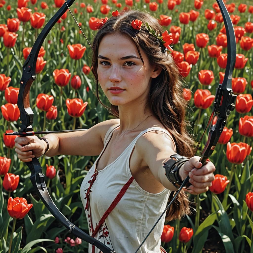 Smiling Huntress Shoots Tulip in Photographic Style