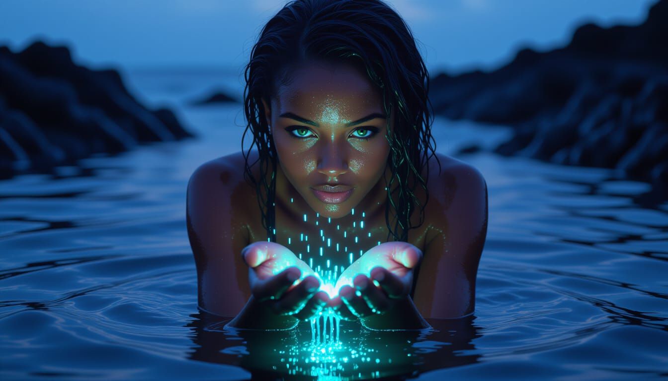 Nyamira Collects Glowing Starlight Water at Night