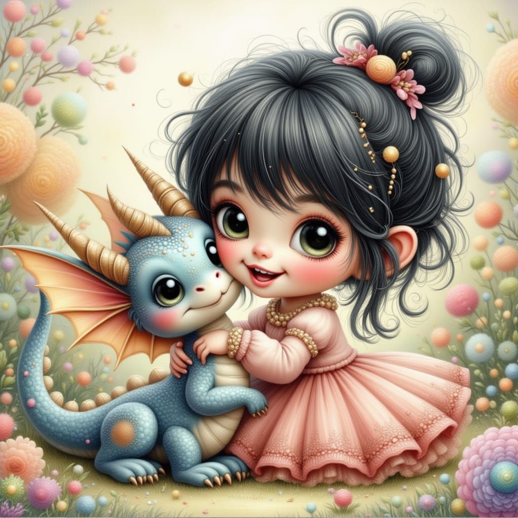 Toddler and Dragon Friends in Sanrio Cartoon Style