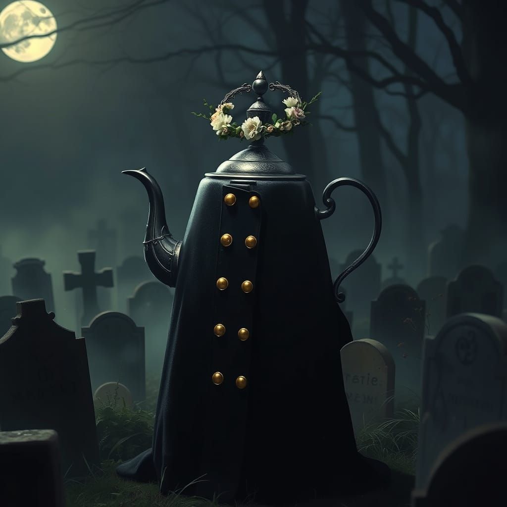 Terrified Teapot in French Coat at Night Cemetery