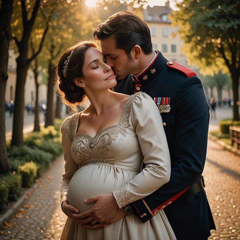 Intimate Moment: Pregnant Woman Kisses Carabiniere Husband i...
