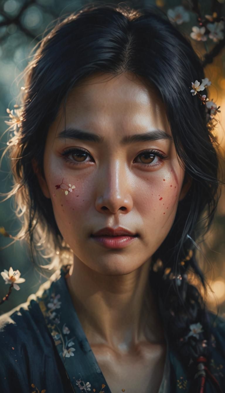 Expressive Asian Woman Portrait in Watercolor Style