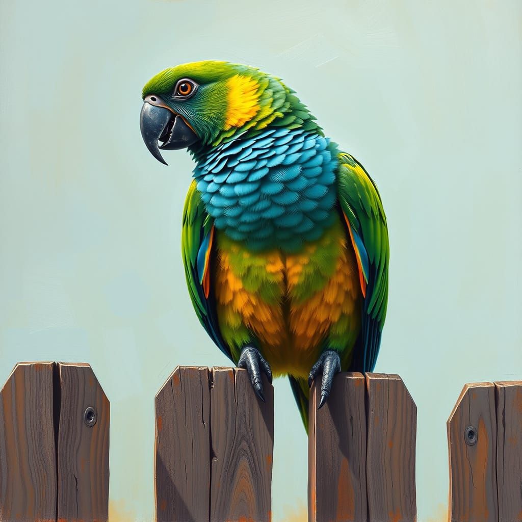 Vibrant Parrot Perched on Worn Fence