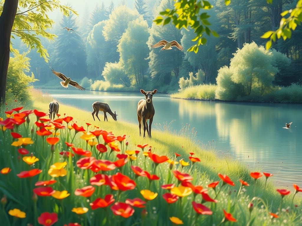 A serene portrait of flowering field near a lake, the flowers bloom in red and yellow colours, some animals are drinking...