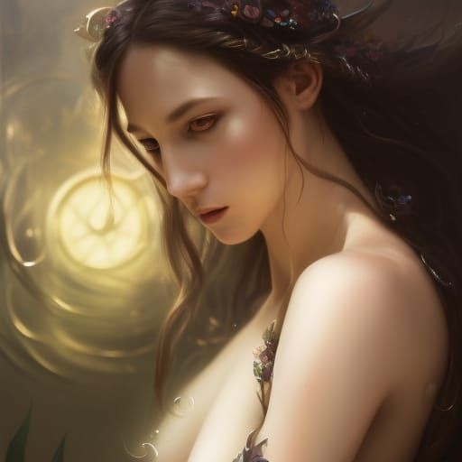 Dark-Haired Fae with Water Lilies in Art Nouveau Style