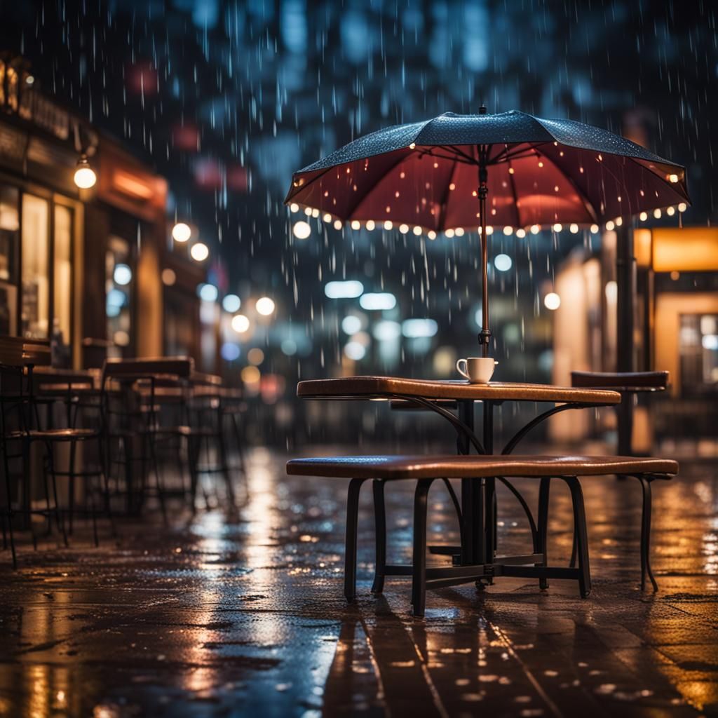 Rainy Night Cafe with Futuristic Lighting