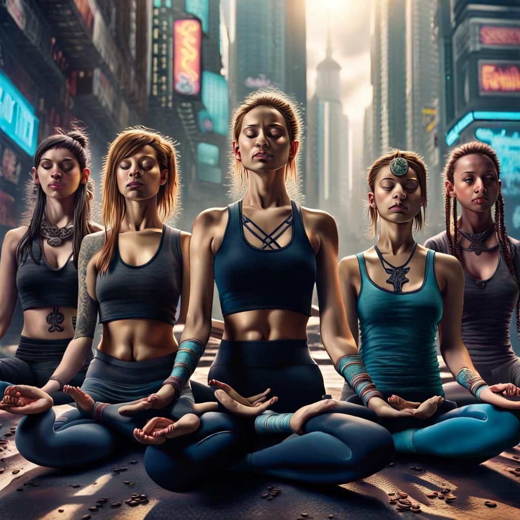 Cyberpunk Yoga Meditation in a Futuristic City