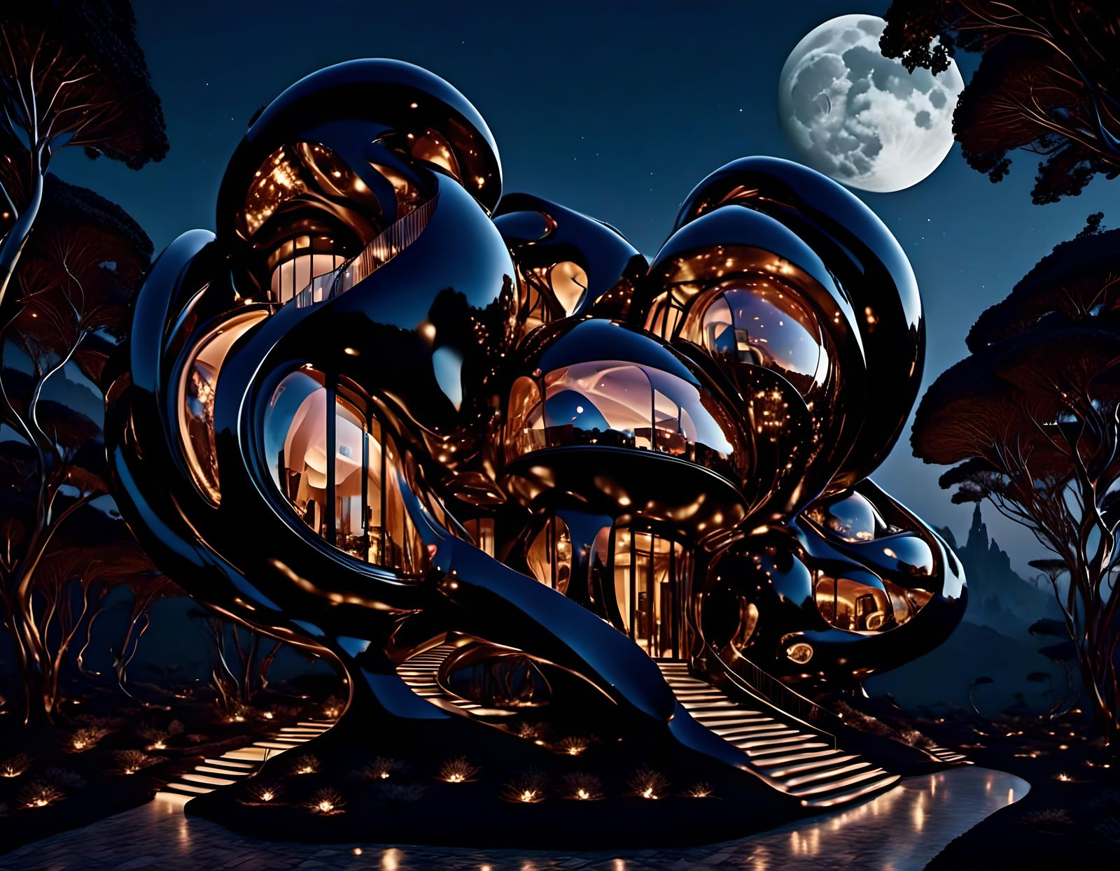 Surreal Mobius Building at Night with Golden Moon