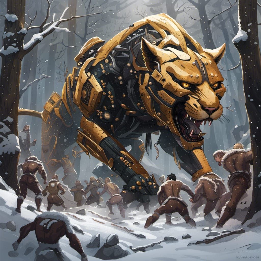 Neolithic Tribe Attacks Cybernetic Cougar in Snowy Forest