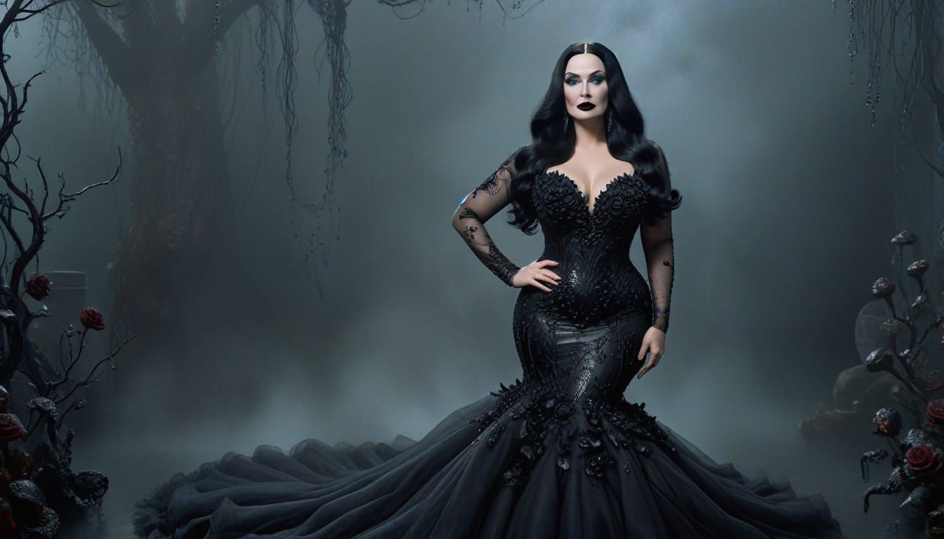 Gothic Woman in Fog with Mermaid Gown