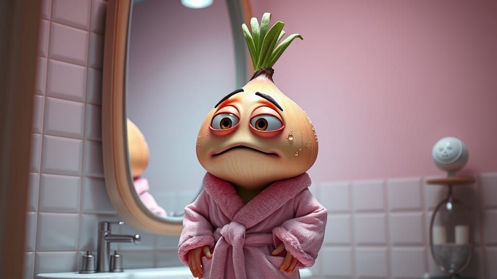 Anthropomorphic Onion Looks in Mirror, Pixar Style