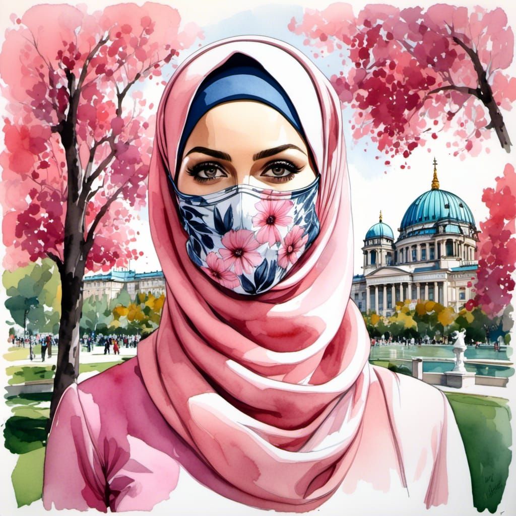 Watercolor Portrait of Woman in Hijab and Mask