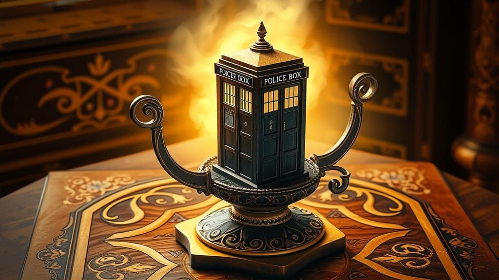 Whimsical TARDIS Oil Lamp Amidst Antique Elegance