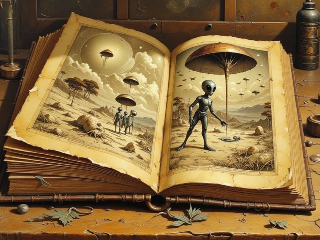 Alien History Book with Sepia Illustrations