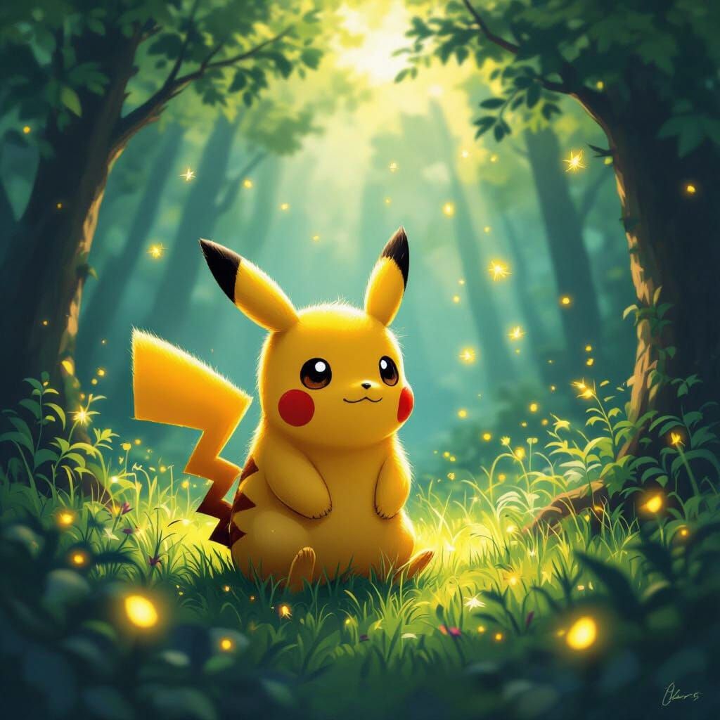 Pikachu in Forest Clearing: Digital Painting