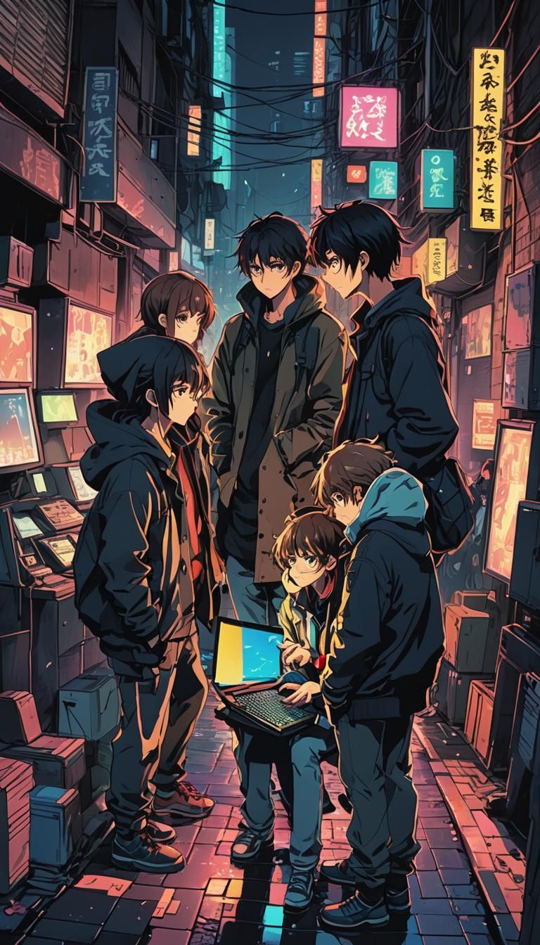 Cinematic Anime Scammers in Neon Alleyway