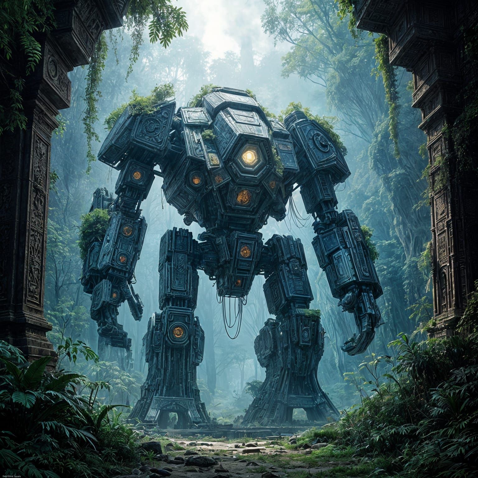Ancient Mech in Bioluminescent Jungle Temple