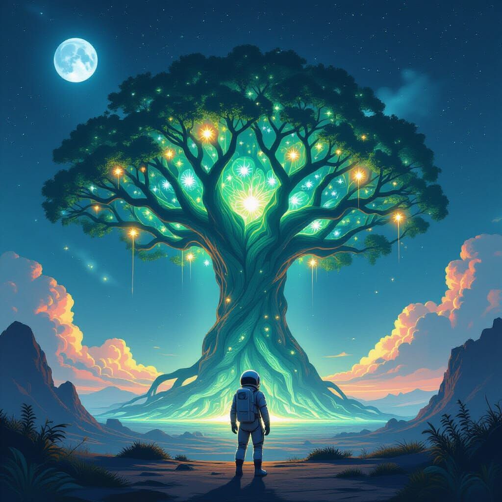 Astronaut and Bioluminescent Tree in Art Nouveau Style