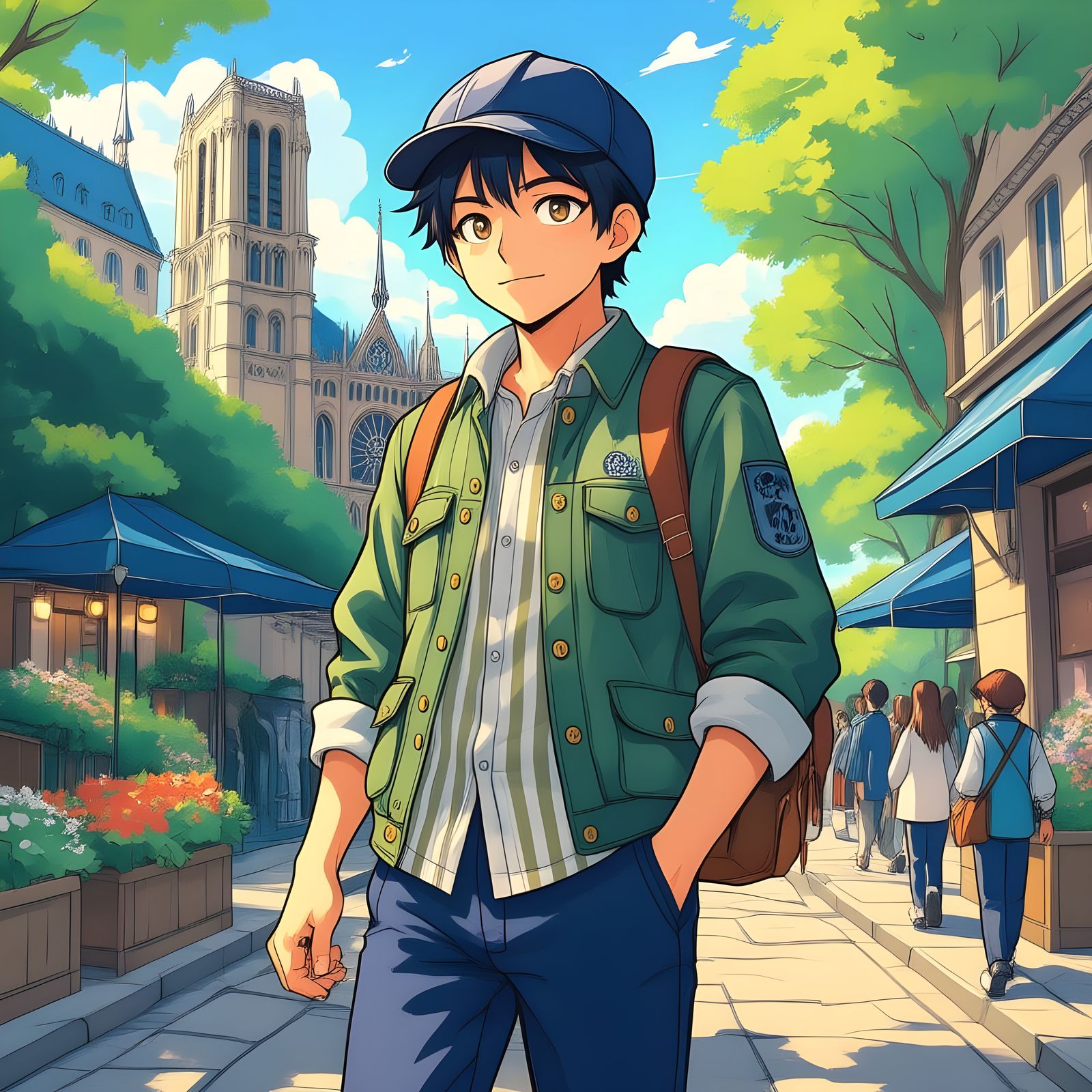 Parisian Boy with Baguette Near Notre Dame