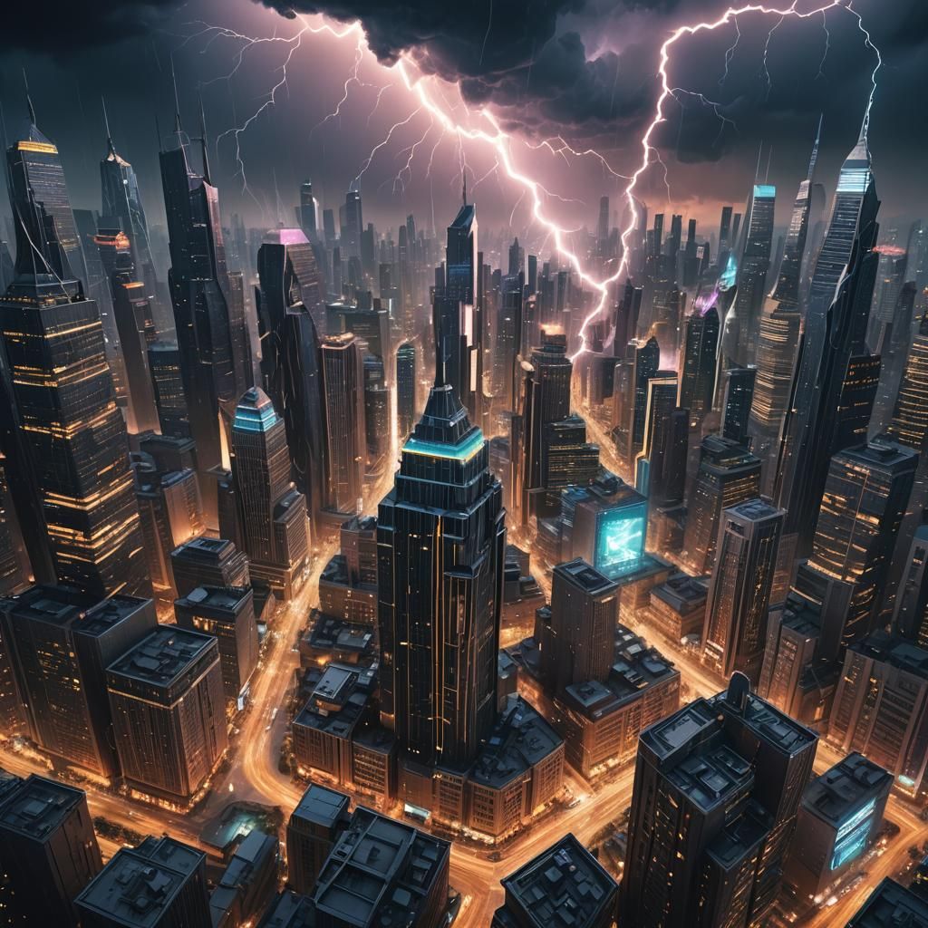 Lightning Strikes Futuristic City in Digital Painting