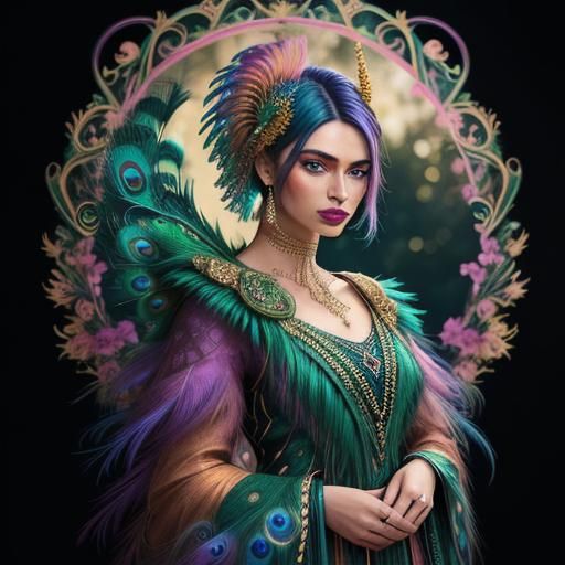Peacock Woman Portrait in Dreamlike Digital Art