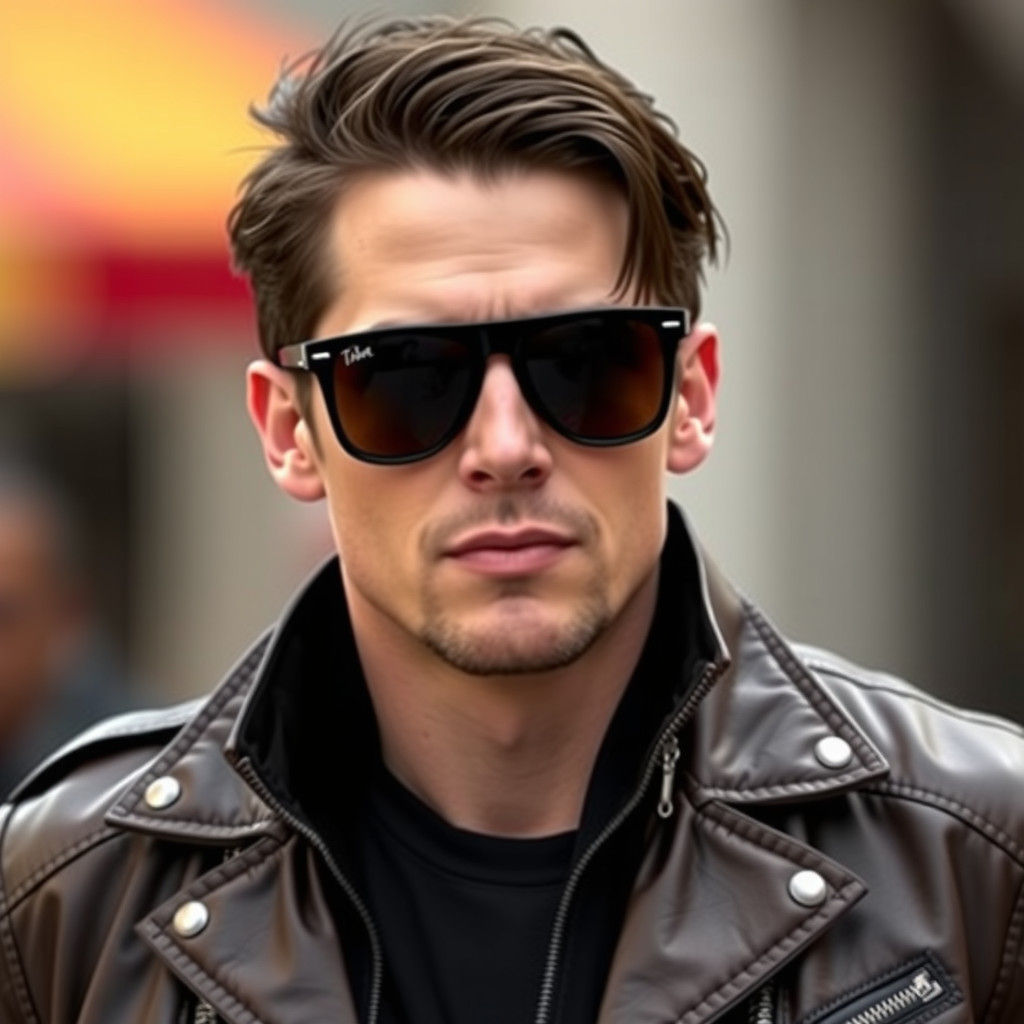 Tim Drake in Sunglasses and Leather Jacket