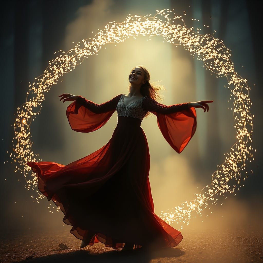 Elegant Woman Dancing in Foggy Forest