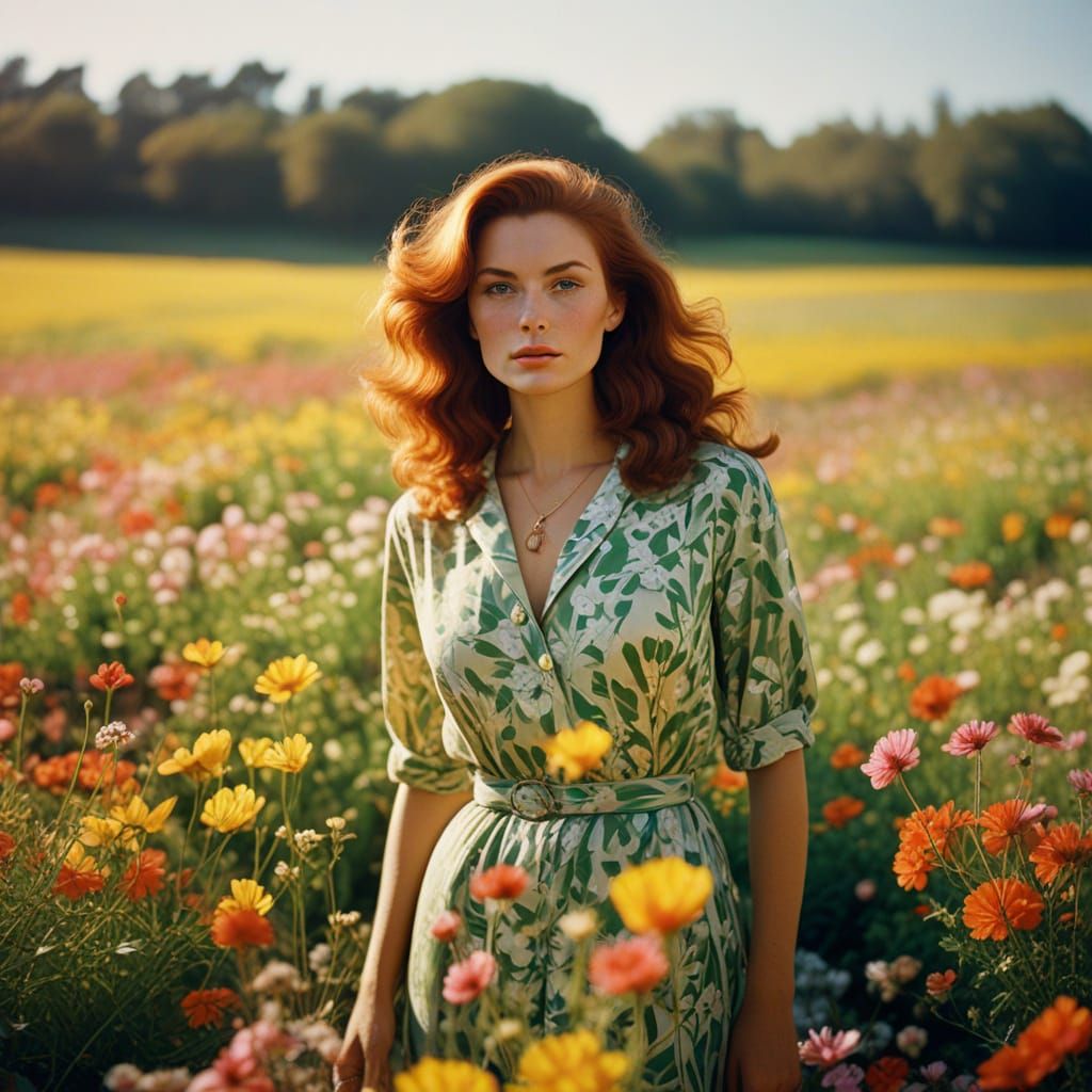 Auburn Beauty in Wildflower Field, Slim Aarons Style