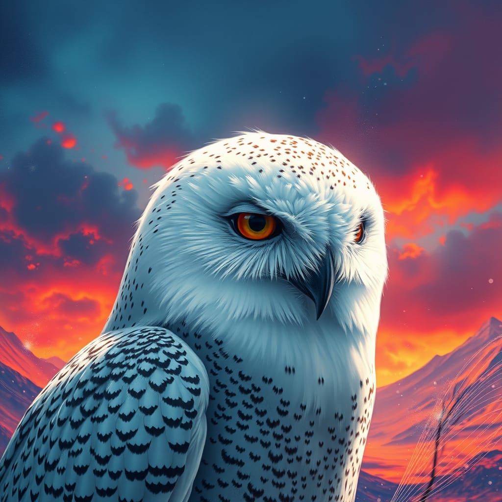 Hyperrealistic Snow Owl in Dramatic Colorful Landscape