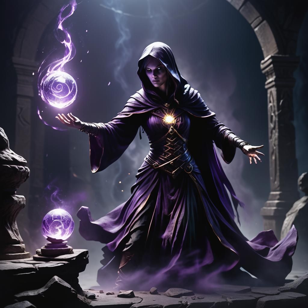 Sorceress Attacks Stone Statue with Dark Magic