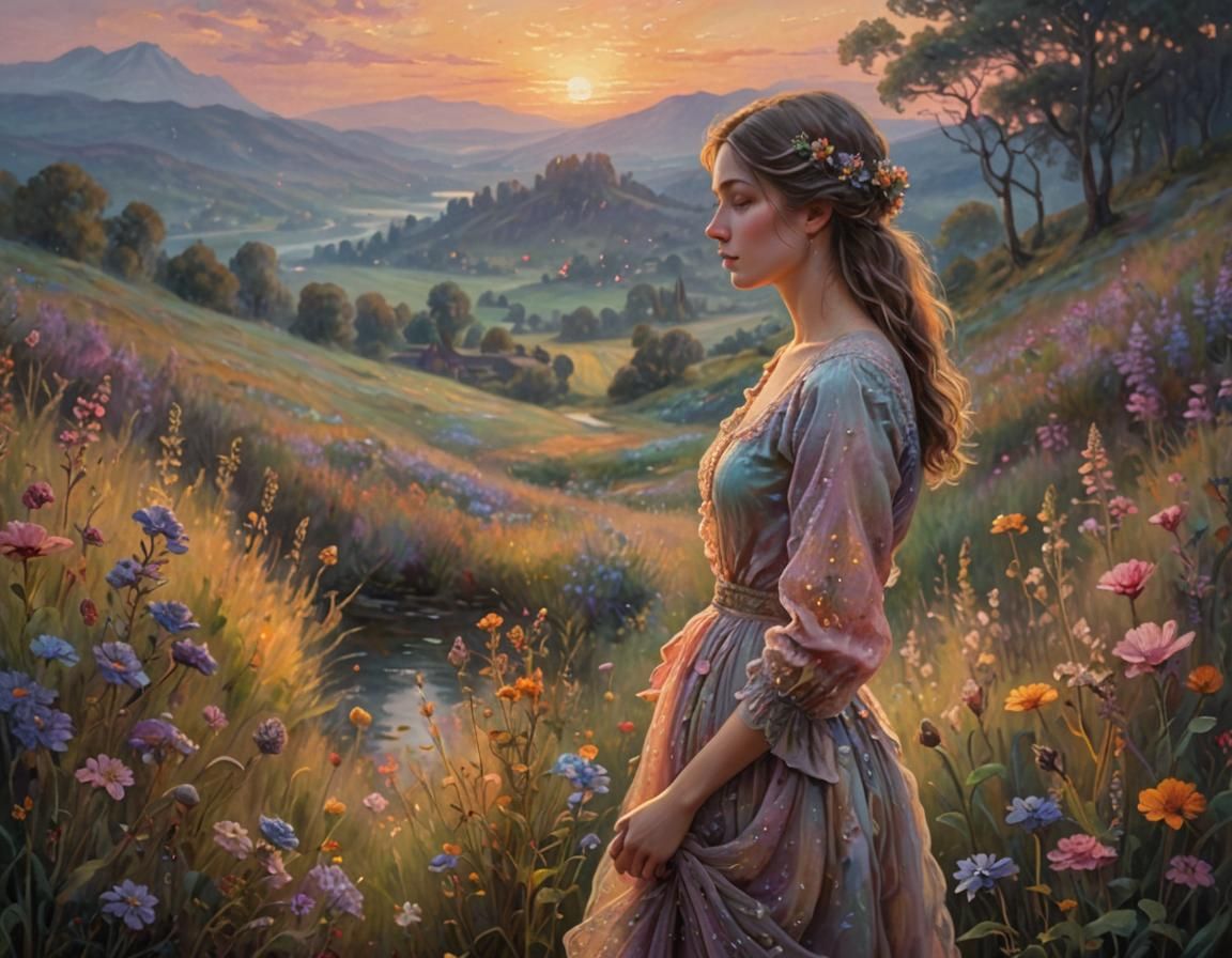 Woman in Serene Landscape: Vibrant Oil Painting