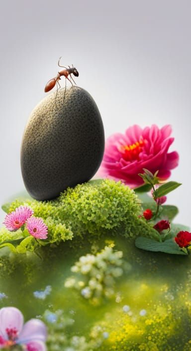 Ant Ami on Glittering Rock in Nature Surrealism Style